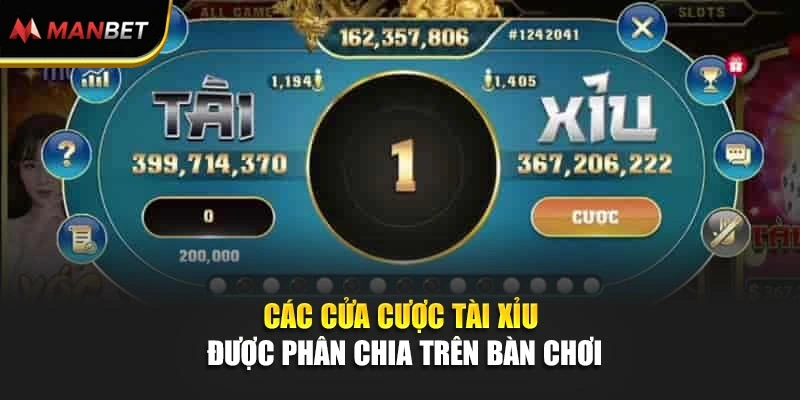 Các cửa cược tài xỉu được phân chia trên bàn chơi